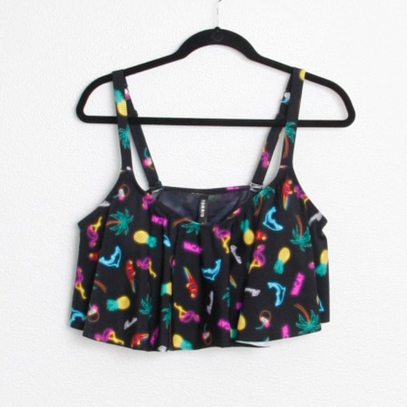 Torrid Neon Lights Flounce Bikini Top Palm Tree Flamingo Black 2X - Picture 3 of 7